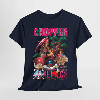 Luxurious navy blue graphic men's t-shirt featuring vibrant anime-inspired artwork of Chopper surrounded by exquisite floral details and traditional motifs.