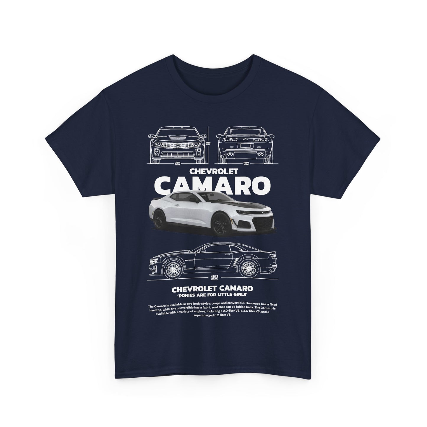 Chic navy blue t-shirt featuring a detailed Chevrolet Camaro print, celebrating automotive artistry and style.