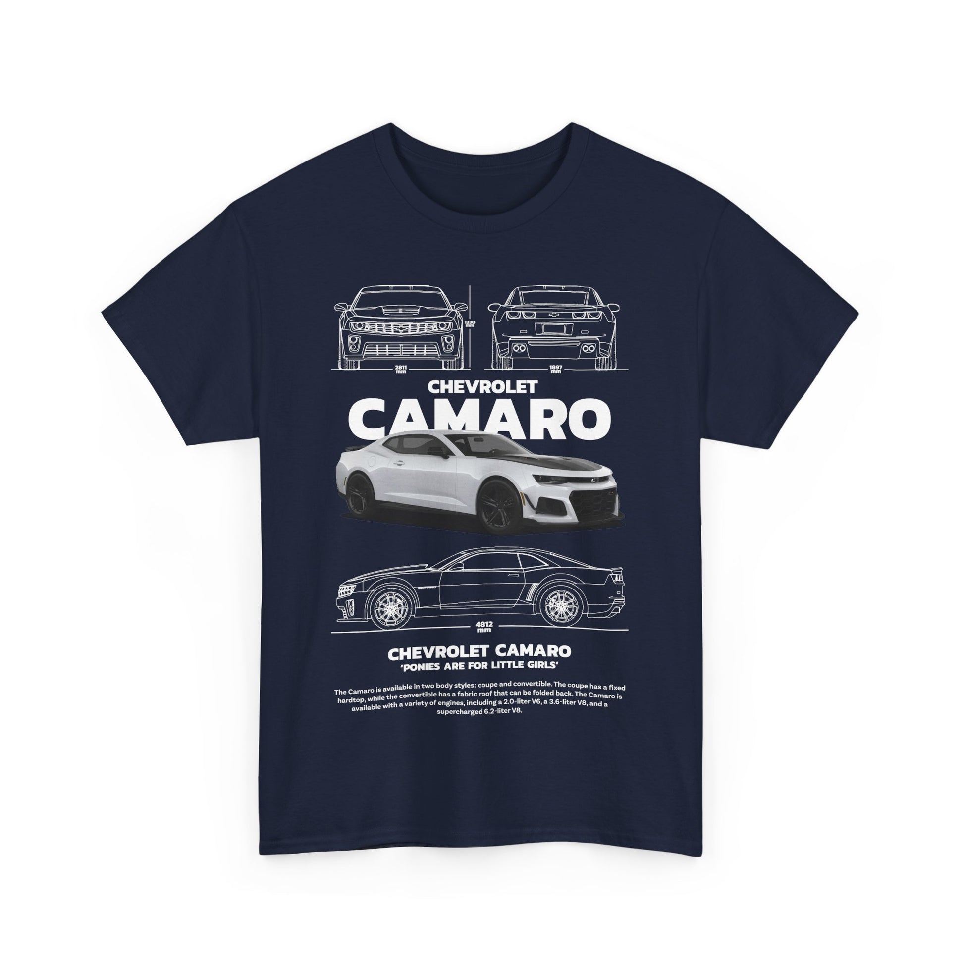 Chic navy blue t-shirt featuring a detailed Chevrolet Camaro print, celebrating automotive artistry and style.