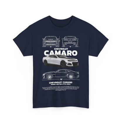 Chic navy blue t-shirt featuring a detailed Chevrolet Camaro print, celebrating automotive artistry and style.