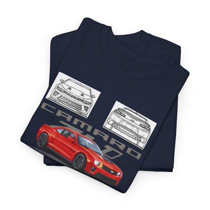 Luxury Chevrolet Camaro ZL1 1LE Men's T-Shirt in navy blue with folded design, showcasing striking graphics of the iconic Camaro, perfect for showcasing automotive passion.