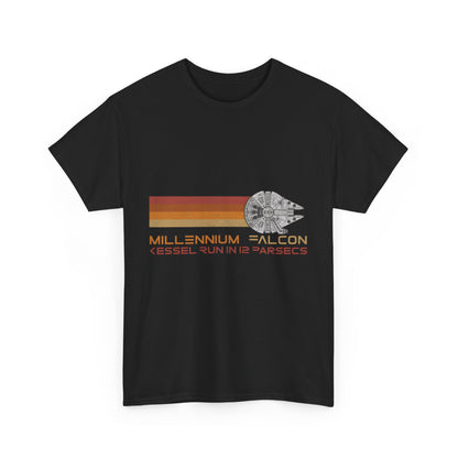 Front view of the black Millennium Falcon Abstract Art Graphic T-Shirt displaying a sophisticated graphic design with 'Kessel Run in 12 Parsecs', ideal for fashionable urban styles.