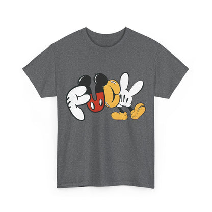 Mickey's Rebellion F**K Graphic T-Shirt in refined grey, merging classic animation artistry with a contemporary rebellious twist, perfect for high-end fashion.