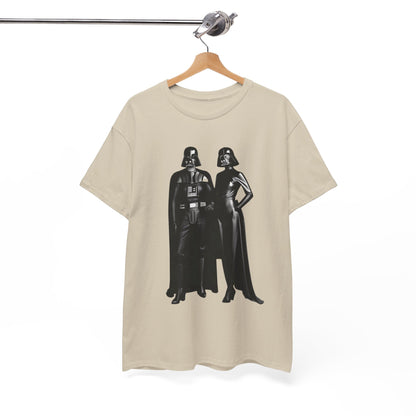 Chic Mr + Mrs Vader Star Wars unisex mens graphic tee draped elegantly on a hanger, highlighting the iconic couple.