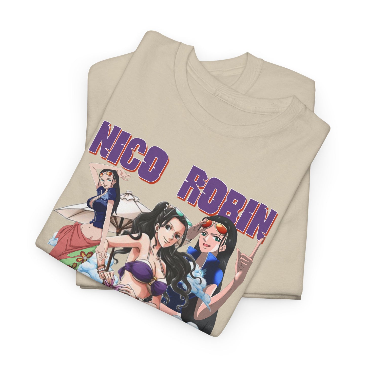 Luxury Graphic Tee featuring vibrant anime artwork of three stylish female characters, embodying a trendy beach theme with 'Nico Robin' text.