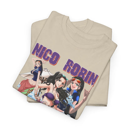 Luxury Graphic Tee featuring vibrant anime artwork of three stylish female characters, embodying a trendy beach theme with 'Nico Robin' text.
