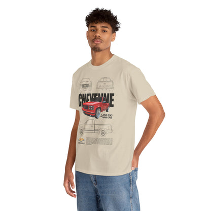 Fashionable model wearing the Chevrolet Cheyenne Men's T-Shirt, displaying the striking graphic of a red pickup truck, set against a simple backdrop for an elegant look.