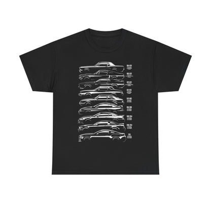Timeless Ford Mustang Evolution Tee in black, featuring an elegant graphic capturing the iconic side profiles of the Ford Mustang's evolution, perfect for sophisticated automotive lovers.