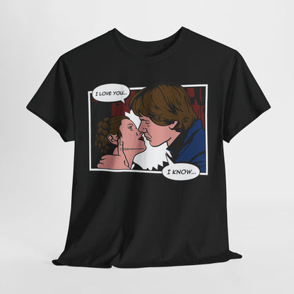 Luxury Star Wars I Know Funny Graphic T-Shirt showcasing a bold comic-style design with Han Solo and Princess Leia sharing a kiss, featuring the iconic dialogue: 'I LOVE YOU... I KNOW...' in a visually striking presentation.