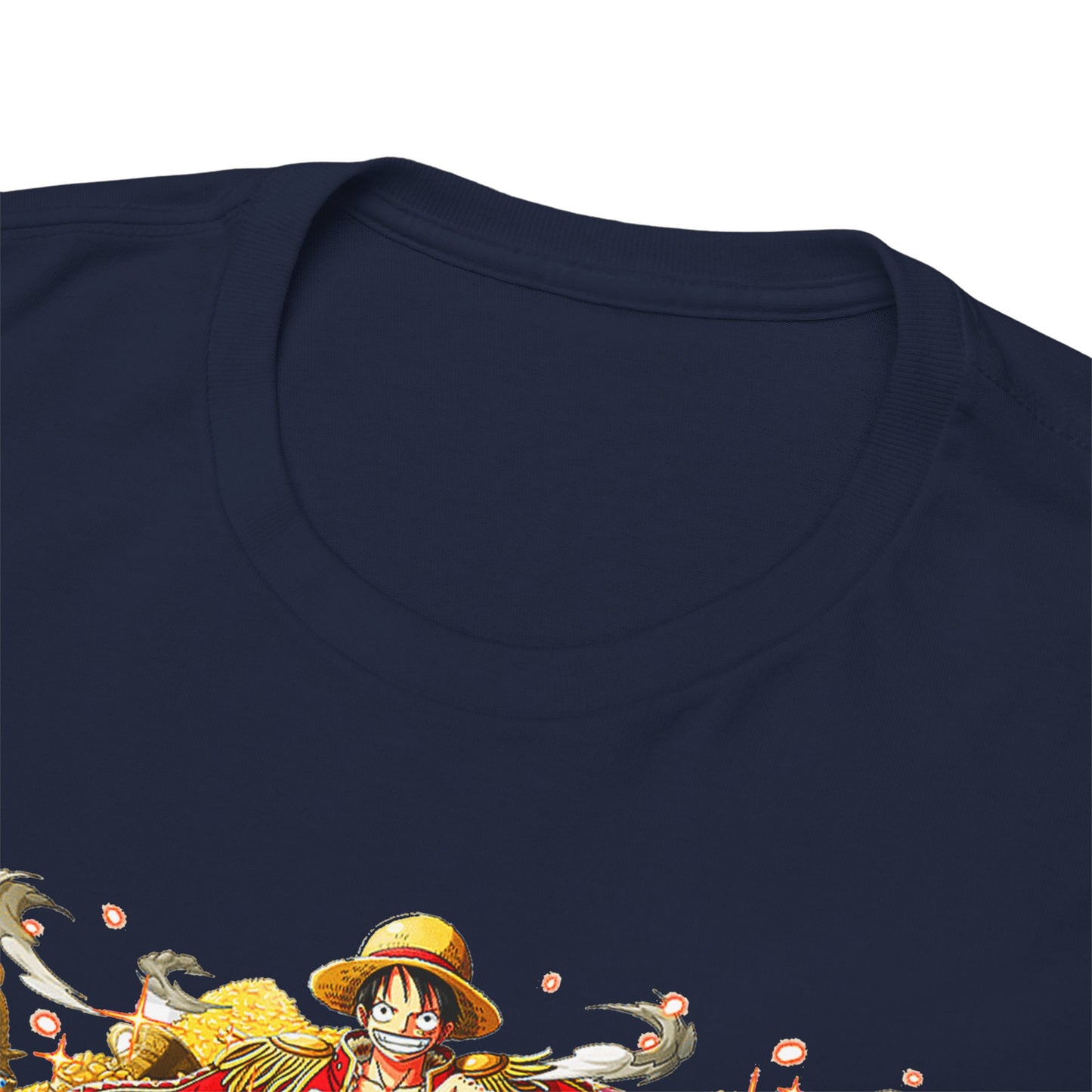 Detailed close-up of a luxurious navy t-shirt collar featuring an anime character, showcasing quality craftsmanship and creativity.