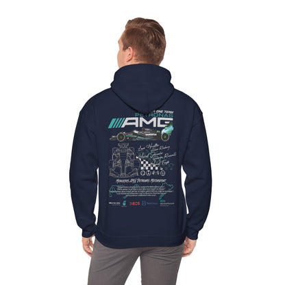 Stylish navy blue hoodie worn by a man, featuring a captivating back graphic design that honours Mercedes AMG Petronas F1 Racing Team, embodying motorsport elegance.