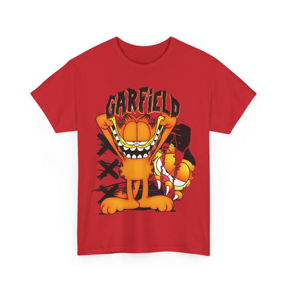 Garfield Unisex Graphic T-Shirt in red, adorned with an expressive Garfield and bold lettering, perfect for a chic casual look.