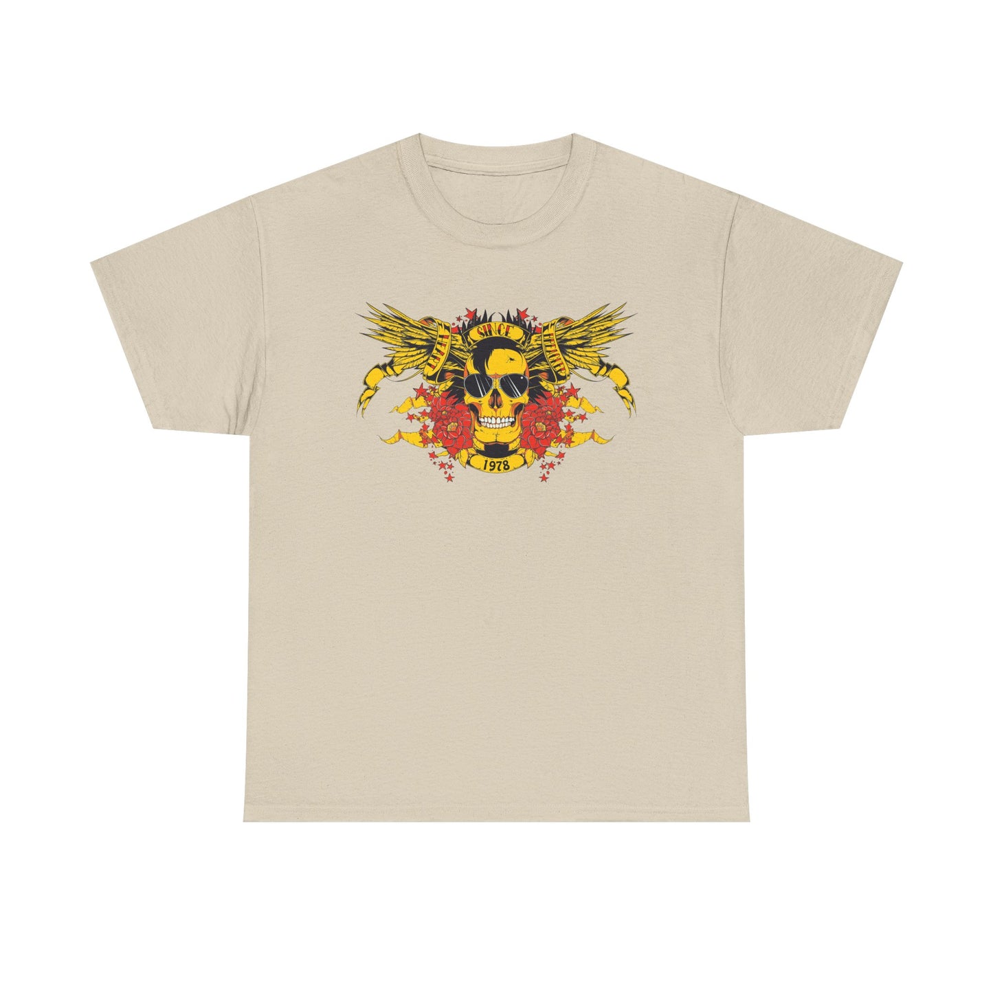 Chic beige graphic tee adorned with a fierce yellow skull surrounded by intricate wings and vivid roses, featuring a retro 1978 design, ideal for a sophisticated yet rebellious look.