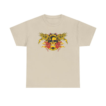 Chic beige graphic tee adorned with a fierce yellow skull surrounded by intricate wings and vivid roses, featuring a retro 1978 design, ideal for a sophisticated yet rebellious look.