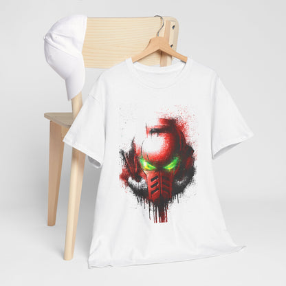 Stylish white t-shirt artistically displayed with a striking helmet graphic in vivid red and green, positioned elegantly beside a minimalist wooden chair, showcasing a contemporary fashion aesthetic.