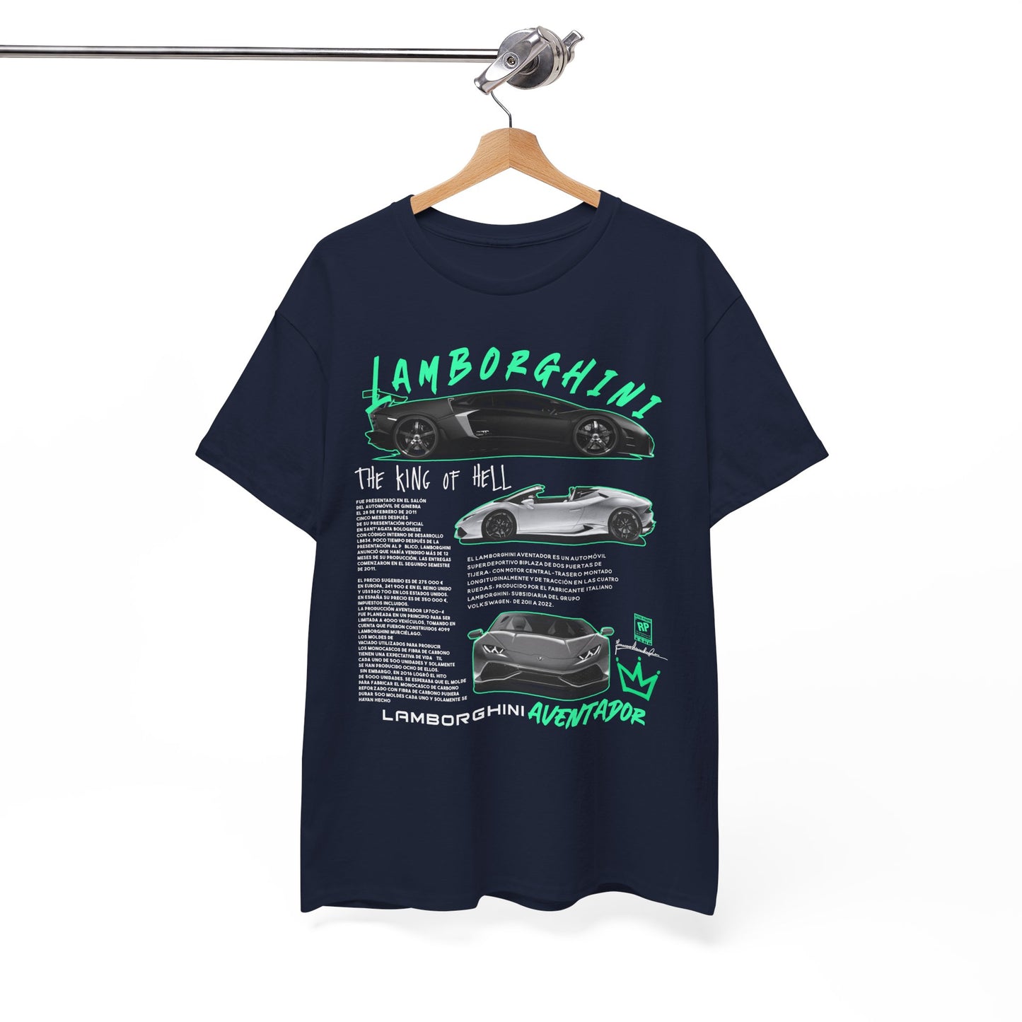 High-quality Lamborghini Aventador T-shirt elegantly hung, featuring intricate graphics and educational text about the car's history; an ideal statement piece for car lovers.
