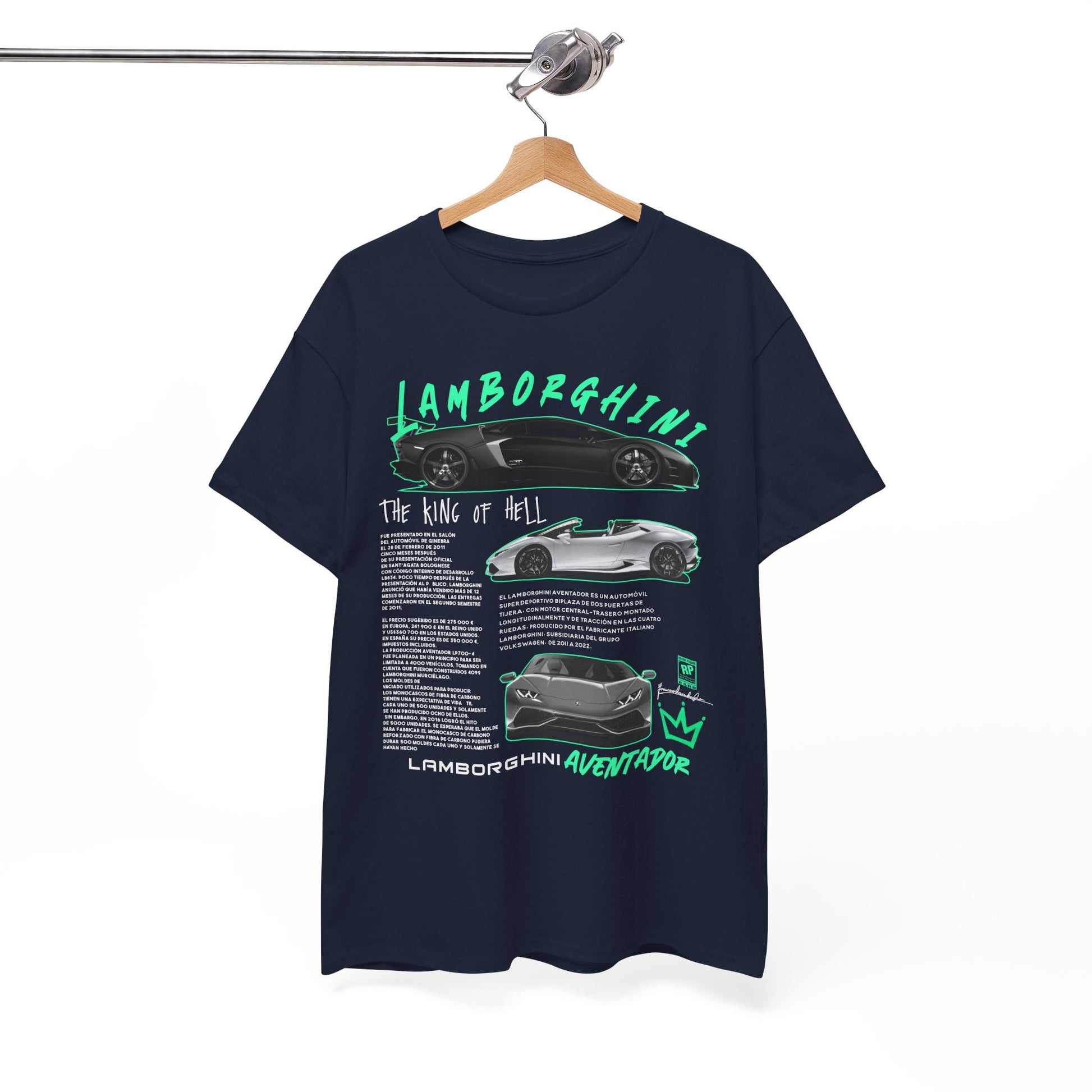 High-quality Lamborghini Aventador T-shirt elegantly hung, featuring intricate graphics and educational text about the car's history; an ideal statement piece for car lovers.