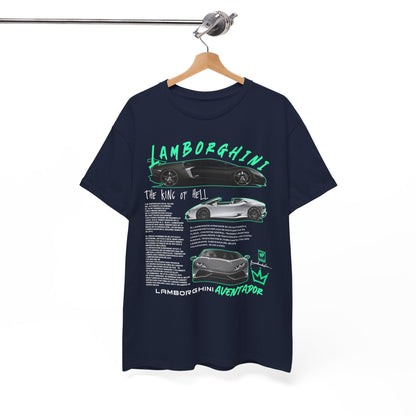 High-quality Lamborghini Aventador T-shirt elegantly hung, featuring intricate graphics and educational text about the car's history; an ideal statement piece for car lovers.