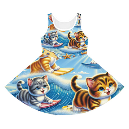 Eliza Bellethorne Girls Summer Kitten Print Pencil Skirt by Dazzling Dreams Studio showcasing vibrant kitten patterns against a sunny beach backdrop, perfect for stylish toddlers.