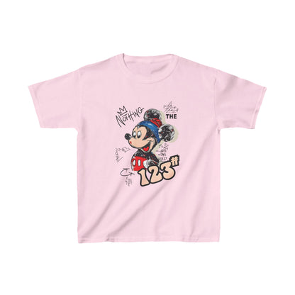 Unisex Kids Mickey Mouse Cotton T-Shirt Tee in pink, featuring a vibrant graphic of Mickey Mouse with playful text and sketches, embodying luxury and playful design for children.