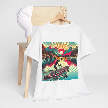 Luxurious Paddle Board T-Shirt designed by Dazzling Dreams Studio, showcasing a serene paddleboarding graphic, perfect for adventure enthusiasts.