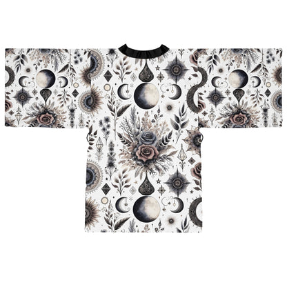 Stunning floral pattern of the Floral Kimono Robe captured skillfully in a flat lay, emphasizing its chic design and ideal fit for stylish lounging.