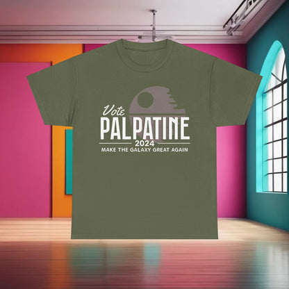 Vote Palpatine Star Wars Graphic T-Shirt in refined olive green, accentuated with a striking Death Star design and clever tagline 'Make the Galaxy Great Again', ideal for a stylish statement.