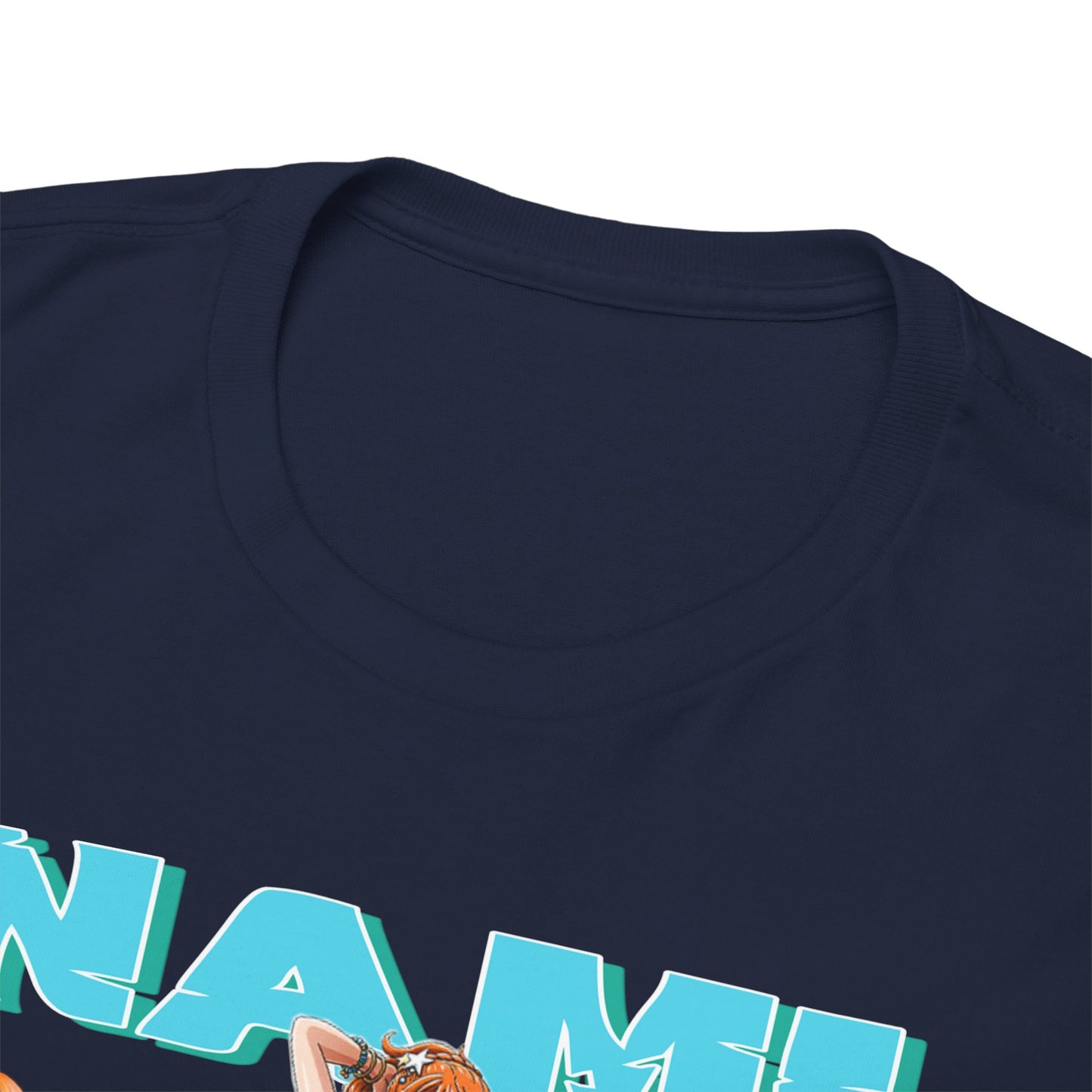 Close-up of a luxurious men's t-shirt featuring a vibrant Nami design from One Piece, highlighting the quality fabric and artistic print that exudes elegance and style.