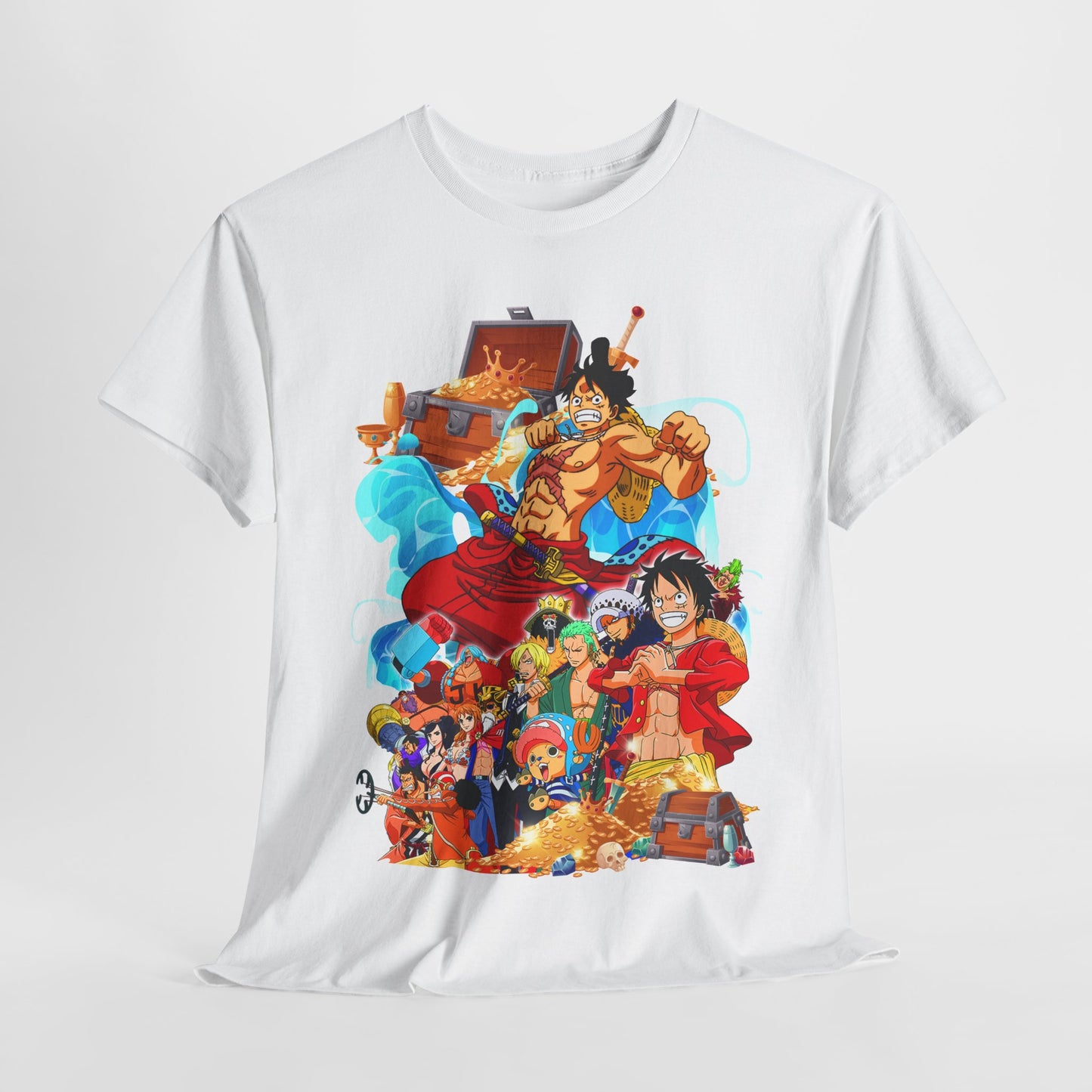 Stylish white T-shirt elegantly displayed to highlight its unique anime-themed graphic, ideal for fashion-forward anime enthusiasts.