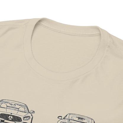 Close-up view of the neckline and shoulder seam of a luxurious beige t-shirt featuring automotive-themed graphics.