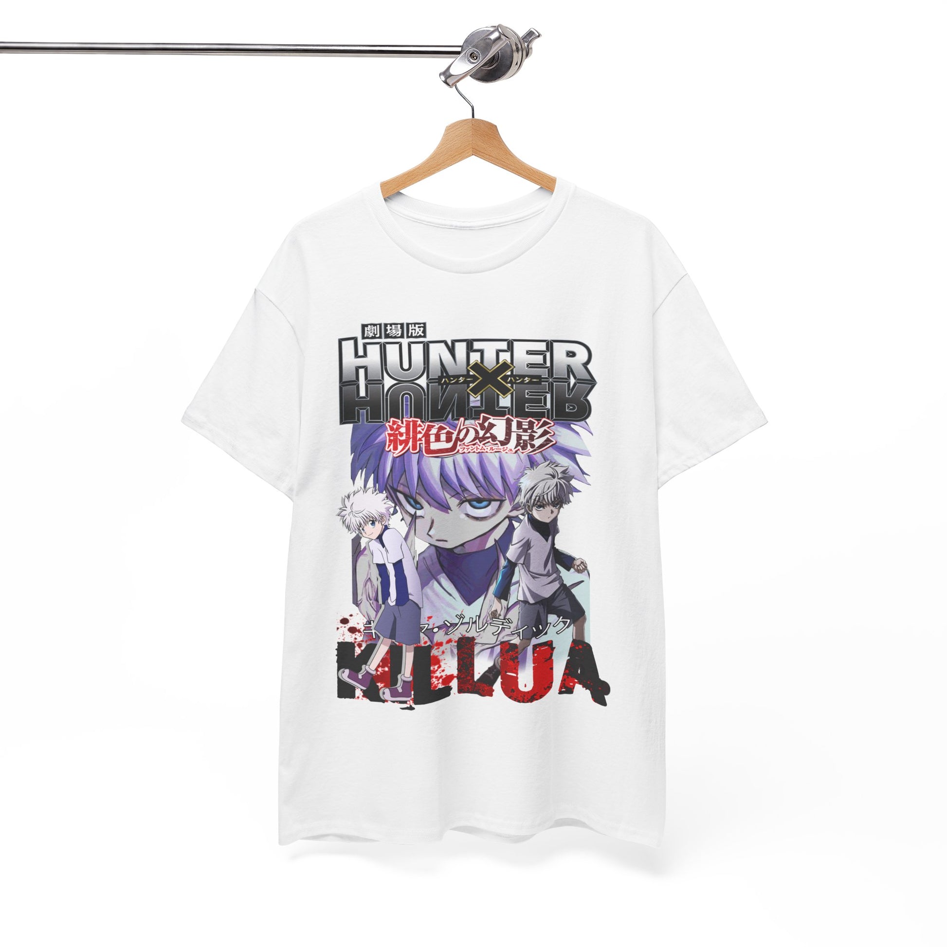 Chic white t-shirt elegantly hung, showcasing a captivating 'Hunter x Hunter' graphic with Killua, an essential for anime aficionados.