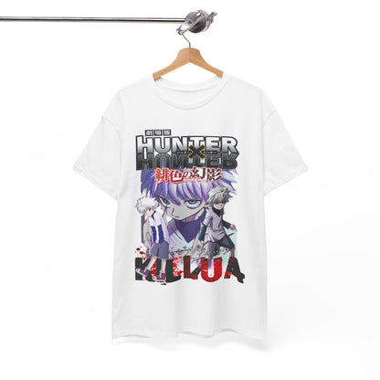 Chic white t-shirt elegantly hung, showcasing a captivating 'Hunter x Hunter' graphic with Killua, an essential for anime aficionados.