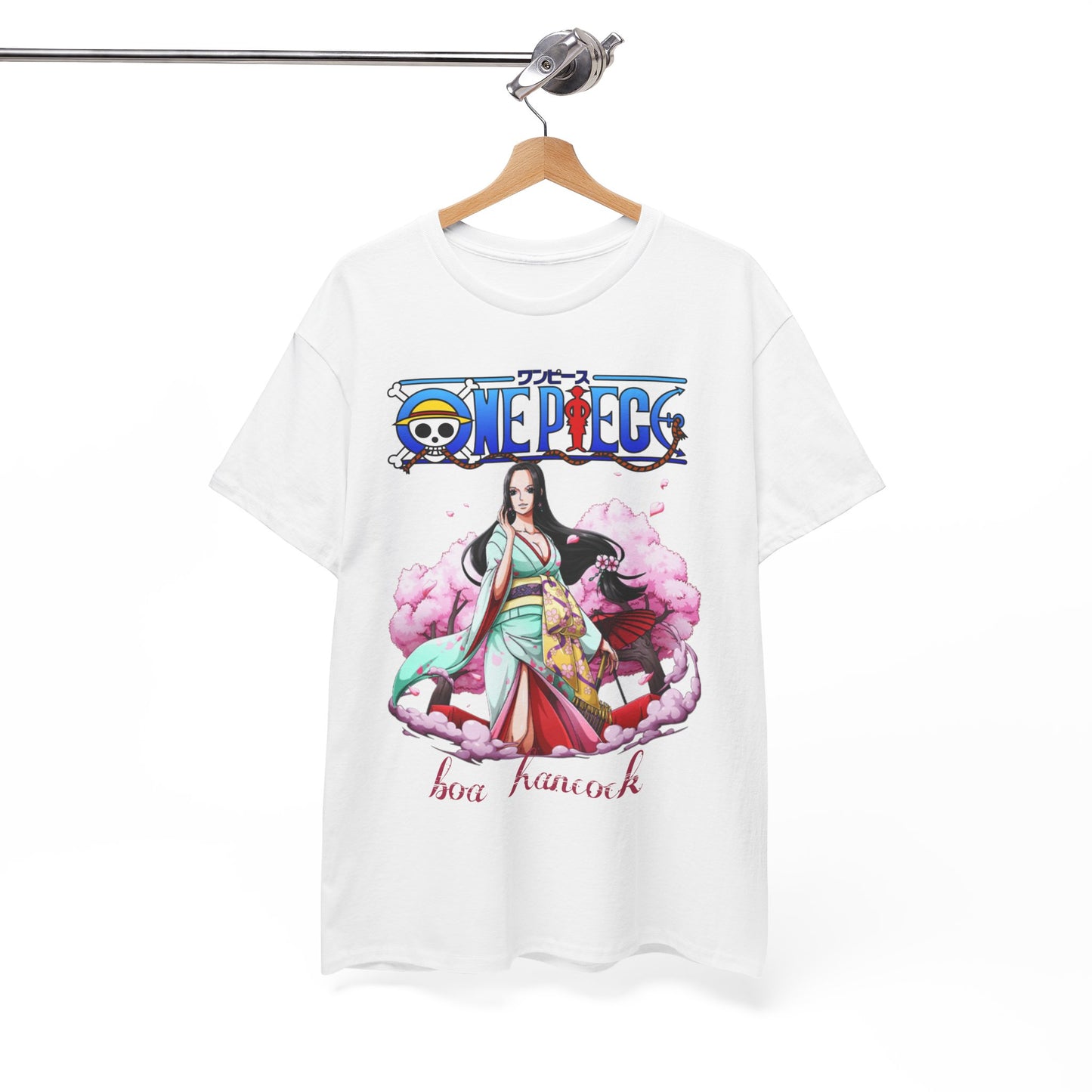 Luxurious One Piece t-shirt hanging on a stylish display, showcasing Boa Hancock's enchanting design with cherry blossoms, perfect for anime collectors.
