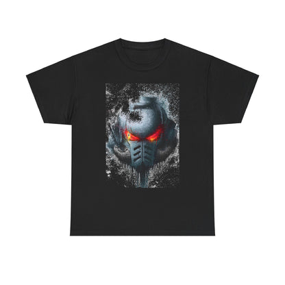 Luxurious black graphic t-shirt featuring a striking artistic design of a futuristic helmet with glowing red eyes and a textured splatter effect, perfect for stylish casual wear.