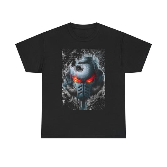 Luxurious black graphic t-shirt featuring a striking artistic design of a futuristic helmet with glowing red eyes and a textured splatter effect, perfect for stylish casual wear.