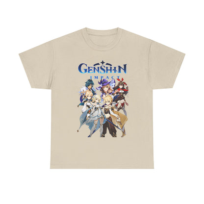 Chic beige Genshin Impact T-shirt with a stylised graphic of beloved characters, blending comfort and fantasy-inspired artistry.