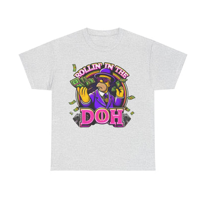 Homer Simpson Graphic Unisex T-Shirt - Fun & Casual Tee for Fans, presenting the colourful 'Rollin' in the DOH' design on soft grey fabric, a luxurious choice for casual outings.