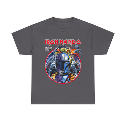 Iron Mando Graphic Tee featuring elegant Mandalorian artwork, emblazoned with 'IRON MANDO' and 'SPACES HIGH', ideal for chic Star Wars enthusiasts.
