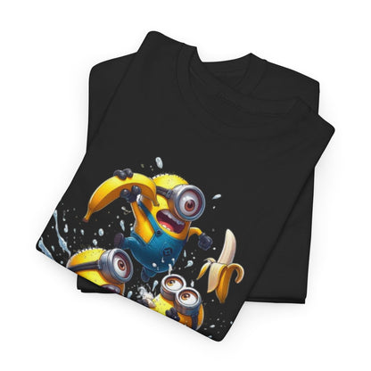 Two folded black T-shirts featuring energetic Minions graphics, showcasing their mischievous antics, ideal for a fun-loving wardrobe addition. T Shirt, Funny, Minions.
