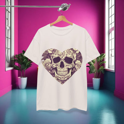 Skulls and Roses Cotton Tee elegantly displayed on a hanger in a vibrant room, presenting the unique skull and floral design, ideal for expressing individual style.
