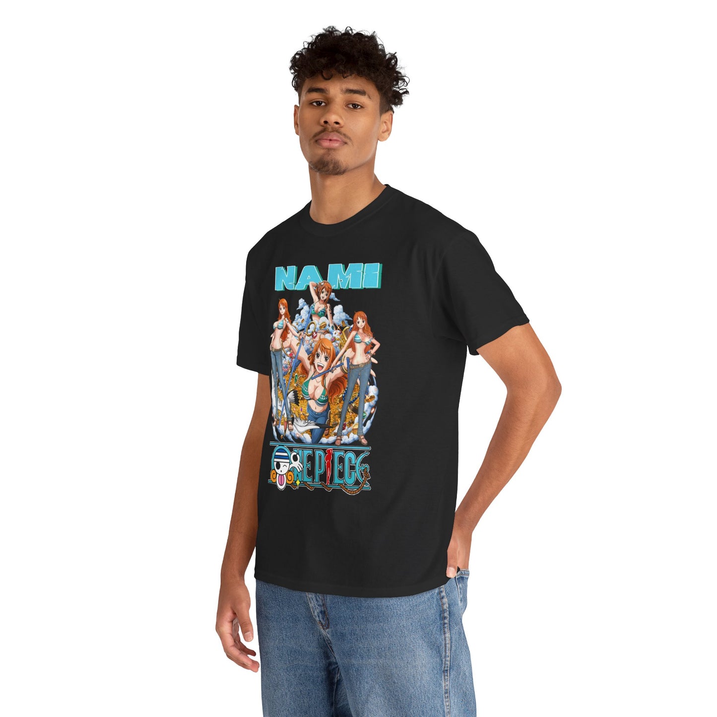Luxurious men's t-shirt showcasing a vibrant Nami graphic from One Piece, featuring bold colors and intricate details, perfect for anime enthusiasts seeking style and adventure.