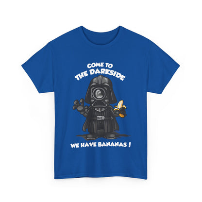 Front view of a vibrant blue T Shirt displaying a playful Darth Vader graphic holding a banana, with the text 'Come to the Darkside, We Have Bananas!'. This funny, light-hearted design blends elements of Minions and sci-fi, making it a perfect addition to any casual outfit.