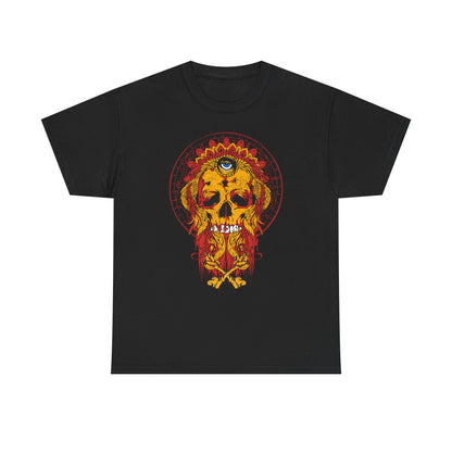 Elegant Infernal Monarch Skull Tee showcased on black background, highlighting the striking skull design with golden accents, mystical eye and regal motifs, perfect for ultimate style and individuality.