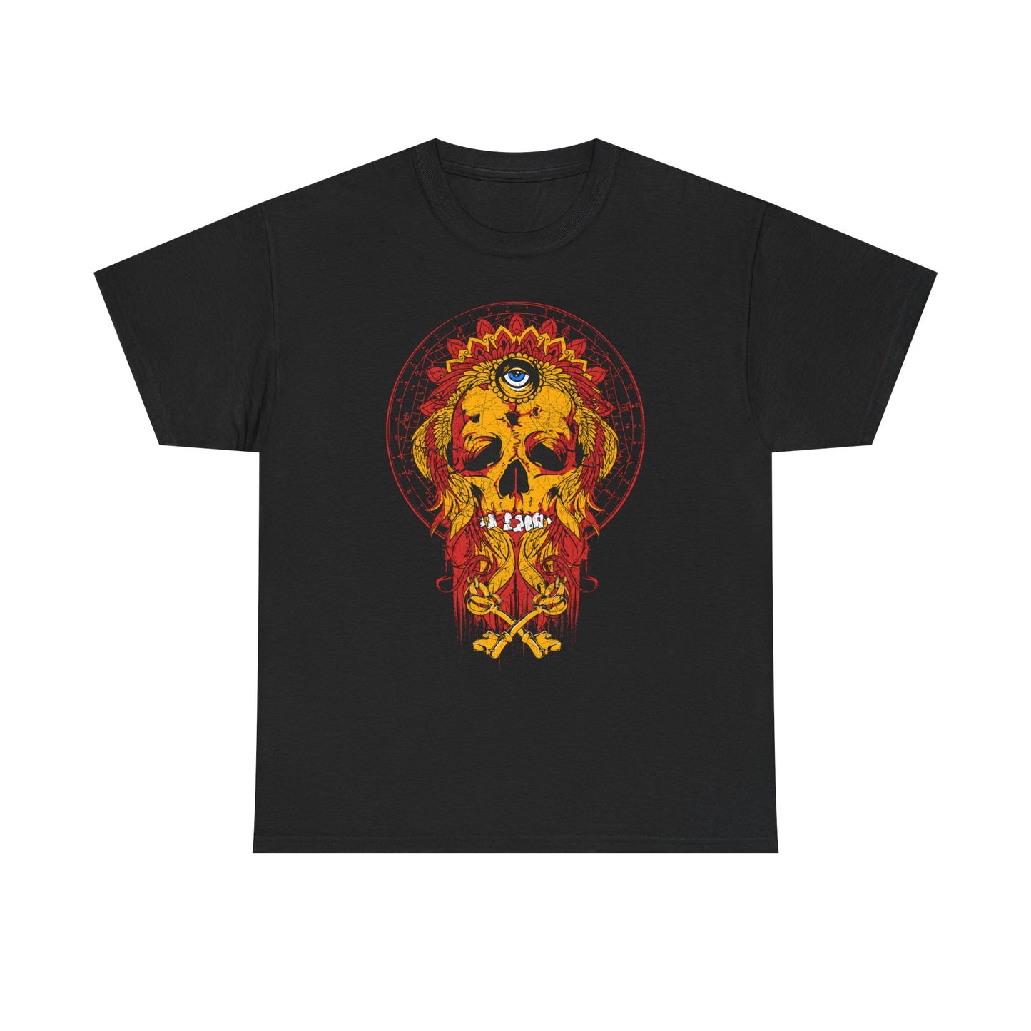 Luxury Infernal Monarch Skull Graphic Tee in Black, showcasing an exquisite skull design adorned with a regal crown headdress and a mystical eye, highlighted by dynamic flaming colors, ideal for a unique fashion statement.