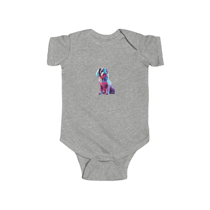 Chic Puppy Bodysuit in grey, adorned with a playful puppy graphic, ideal for fashionable infant clothing.