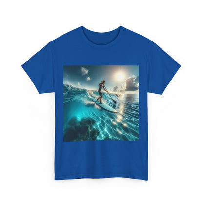 Young adult enjoying water sports wearing the Delightful Paddle Board T-Shirt by Dazzling Dreams Studio, representing passion for nature and adventure.