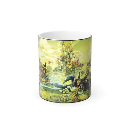 Discworld Witches Abroad Colour Morphing Mug showcasing enchanting artwork of witches and a whimsical landscape, perfect for collectors and fans of Terry Pratchett.