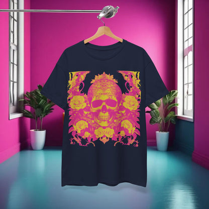 Skulls and Roses Cotton Tee, unisex graphic shirt displayed in a chic interior, showcasing its bold pink skull design against a navy backdrop.