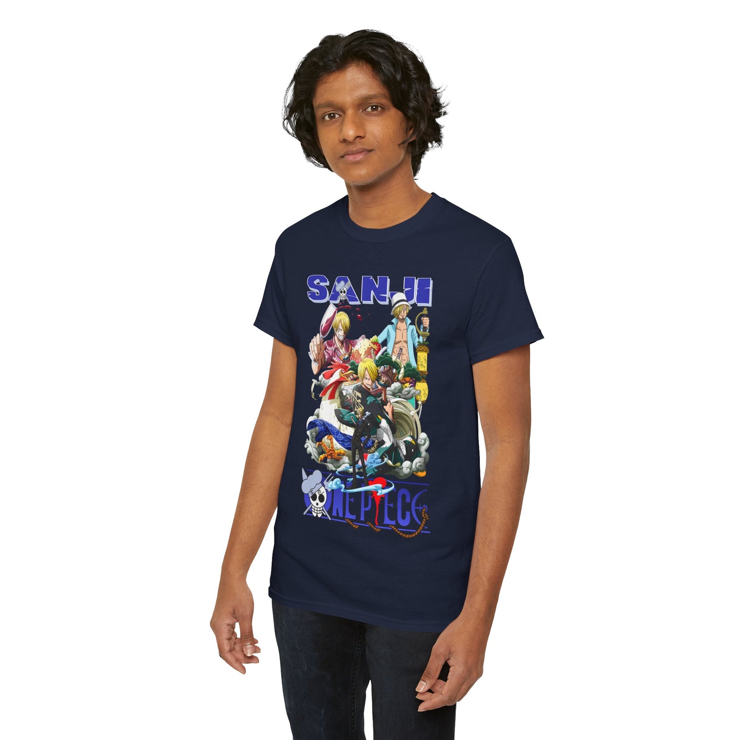 Stylish model showcasing a navy blue t-shirt printed with bold Sanji artwork from One Piece, offering a modern yet sophisticated look perfect for any anime fan.