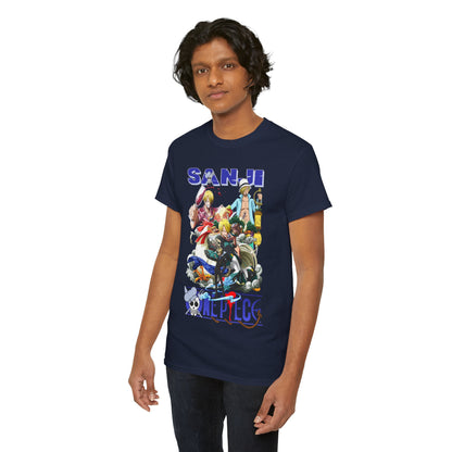 Stylish model showcasing a navy blue t-shirt printed with bold Sanji artwork from One Piece, offering a modern yet sophisticated look perfect for any anime fan.